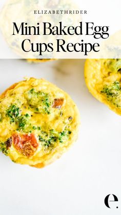 mini baked egg cups recipe with broccoli and tomatoes in the middle on a white surface