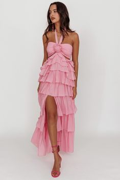 Morpheus Ruffle Halterneck Maxi Dress Pink Rosette Outfit, Pref Dresses, Tacky Prom, Pink Formal Dress, Pink Dress Shoes, Junior Prom, Selfie Leslie, Brunch Dress, Shapewear Tops