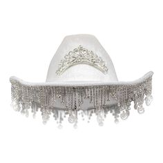 "Rhinestone cowboy hat with details of sparkling hanging gems and fringe around brim with a tiara decal to top it off. Soft velvet-like look and feel! Inside Hat Measures 7.5\" x 7\" Colors: Black Pink White" Western Party Hat With Rhinestone Fringe, White Rhinestone Party Headpiece, Tiara Decal, Bedazzled Cowboy Hat, Sparkly Cowboy Hat, Crown Cowboy Hat, Black Bride Wedding, Rhinestone Cowboy Hat, Wedding Party Dance