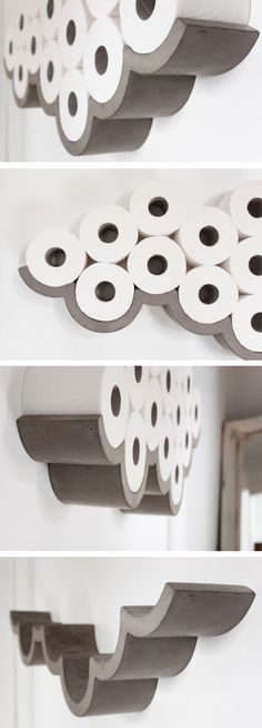 three different views of toilet paper hanging on the wall and above it is a shelf with several rolls of toilet paper