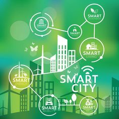 smart city with icons and symbols on blurry green background royalty illustration stock photo - image