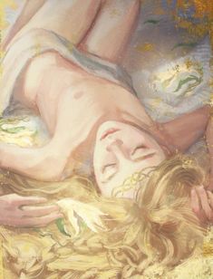 a painting of a woman laying on the ground with her eyes closed and hair blowing in the wind