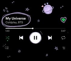 an image of a black background with white and green symbols on it that says my universe coldplay, bts