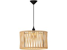 a light that is hanging from a ceiling fixture with a wooden design on the bottom