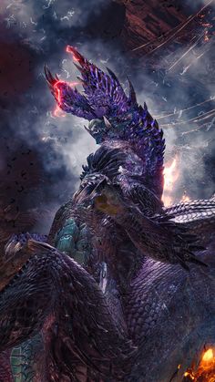 a large purple dragon standing on top of a pile of fire and water in front of a sky filled with clouds