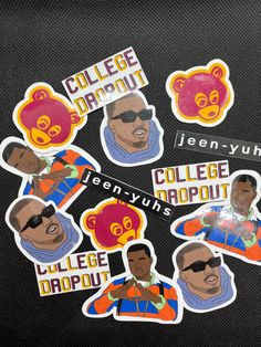 several stickers depicting the college mascot and other sports related items on a black background