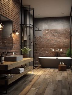 a bathroom with brick walls and wooden flooring is pictured in this image, there are lights on the wall above the bathtub