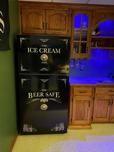 an ice cream cooler in the corner of a kitchen