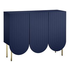 a blue cabinet with gold legs and three panels on the front, one panel has an oval