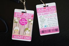 two tags that say spa number party and admit one on each tag for the event