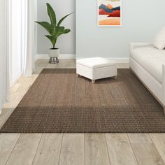 a living room with a white couch and brown rug on the wooden floor next to a plant