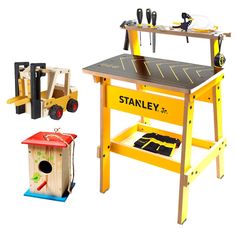 a toy workbench with tools on it and an image of a tool bench