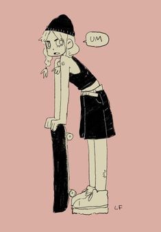 a drawing of a girl standing on top of a skateboard and talking to someone