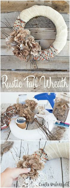 a wreath made out of pine cones is shown with the words rustic fall wreath on it