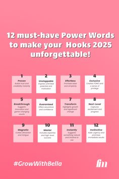 a pink poster with the words, 12 must - have power words to make your hoots