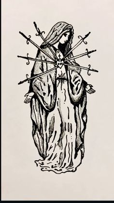 an ink drawing of the virgin mary with swords in her hands and cross on her chest