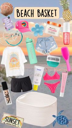 the beach basket is filled with items for summer