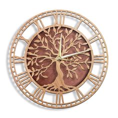 a wooden clock with an intricate tree design on the face and hands, made out of wood