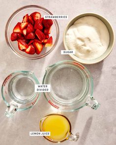 ingredients to make strawberry shortcakes in glass bowls