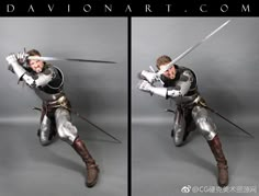 two photos of a man in armor holding swords