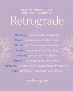 a purple poster with the words, how to proactively use each planet's retrograde