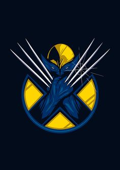 the wolverine logo on a black background with yellow and blue stripes, it looks like he is