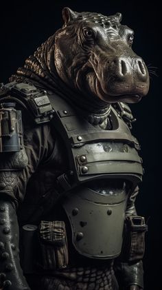 an animal wearing armor and helmet on a black background