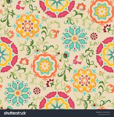 an abstract floral pattern with colorful flowers and leaves on a beige background stock photo - 717