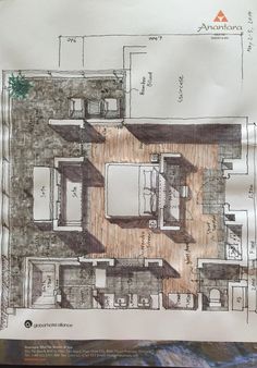 an architectural drawing of a kitchen and living room in one section, with the floor plan drawn