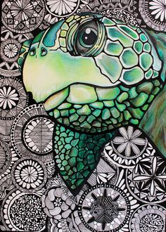 a drawing of a green turtle on a black and white background