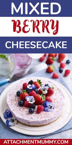 a cheesecake with berries and blueberries on top is featured in the book mixed berry cheesecake