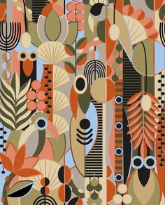 an abstract pattern with leaves and circles on blue, green, orange and brown colors