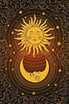 the sun and moon are sitting on top of each other in front of swirls