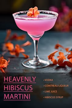 Pretty Martini Drinks, Simple Bar Drinks, Craft Cocktails Recipes, Fancy Drinks Cocktails, Hibiscus Martini, Hibiscus Cocktail, Martinis Drinks