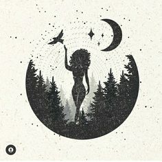 the silhouette of a woman holding a star in her hand with trees and birds flying around