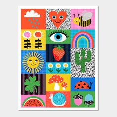 an art print with many colorful images and animals on it's squares, including hearts,