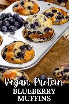 blueberry muffins in a muffin tin with the title vegan protein blueberry muffins