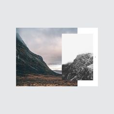 an image of mountains in black and white, with one photo taken from the ground