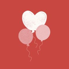 three balloons floating in the air with a heart shaped balloon attached to them on a red background