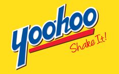 the logo for yahooo shake it on a yellow background with red and blue lettering