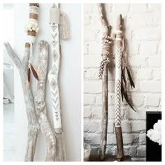 three different types of decorative items hanging on the wall and in front of a brick wall