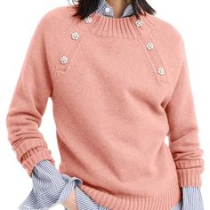 Crewneck Sweater With Jeweled Buttons Size Xxs Color Seashell Brand New With Tag Chic Pink Sweater For Work, Pink Crew Neck Sweater For Work, Pink Crew Neck Top For Work, How To Wear Flannels, Work Sweaters, How To Wear Leggings, Jcrew Sweater, Outfits With Converse, Womens Crewneck