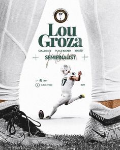 the legs and feet of a football player are shown in this advertisement for lou groza