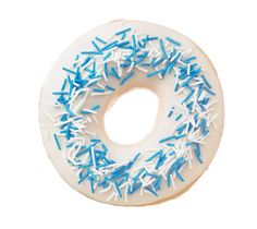 a frosted donut with blue and white sprinkles