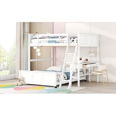 a white bunk bed sitting next to a window