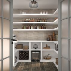 an open door leading to a pantry with lots of bottles and baskets on the shelves