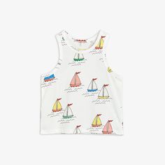 White tank top with an all over Sailing Boats print, made from 100 % GOTS certified organic cotton. Kids Tank Top, Organic Kids Clothes, Kids Tank Tops, Stylish Kids Outfits, Boat Print, Sailing Boats, Organic Baby Clothes, Baby Leggings, Unisex Baby Clothes