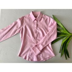 "Preppy button up collared shirt by Thomas Pink. pure cotton in a bubblegum pink with a subtle ticking patern. Slightly fitted with cuffs that require cufflinks.  Made in Thailand  Marked size 6 fits like a Small  Chest 38\" Hips 36\" Sleeve 26.5 cuffs measured flat  Shoulders 14.5\" Length 23\" Nice condition; no signs of wear" Feminine Collared Shirt For Formal Occasions, Pink Slim Fit Dress Shirt For Work, Pink Long Sleeve Dress Shirt For Business Casual, Pink Fitted Long Sleeve Dress Shirt, Pink Spread Collar Dress Shirt For Work, Pink Dress Shirt With Spread Collar For Work, Formal Spring Pink Shirt, Pink Button-up Dress Shirt For Work, Pink Spread Collar Shirt For Office