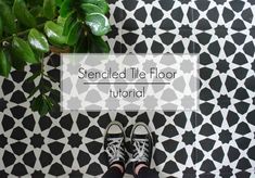 someone is standing in front of a black and white tile floor with the words, stenciled tile floor tutorial