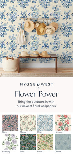 the flower power wallpaper is shown in several different colors and patterns, including blue flowers